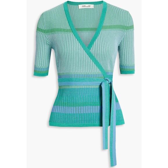 Diane von Furstenberg Lyric Wrap Sweater Womens Small Stripe Cloud Turquoise - Picture 11 of 11